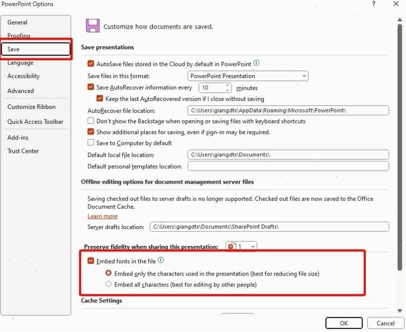 Sửa lỗi save with fonts bằng cách nhúng font vào PowerPoint