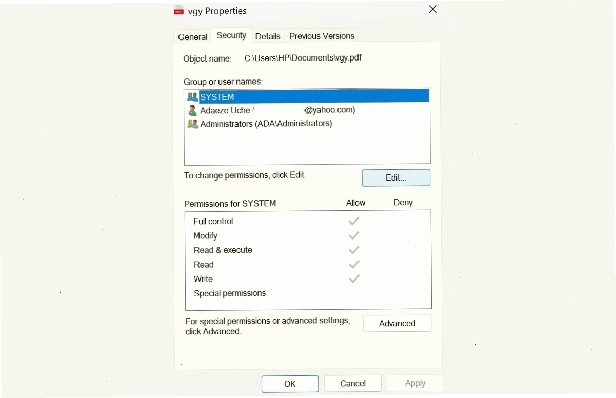 Tab Security trong thuộc tính file trên Windows 11