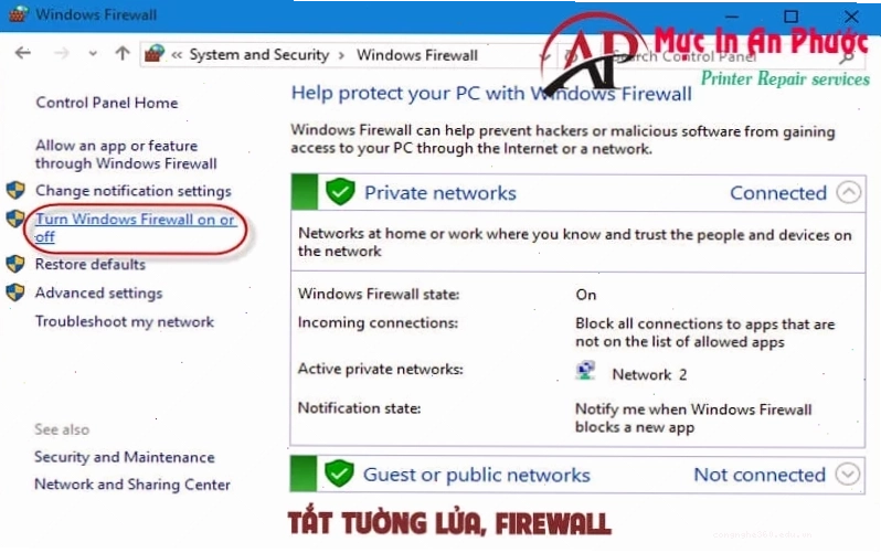 Tắt Firewall máy tính sửa lỗi không tìm thấy máy in trong mạng LAN