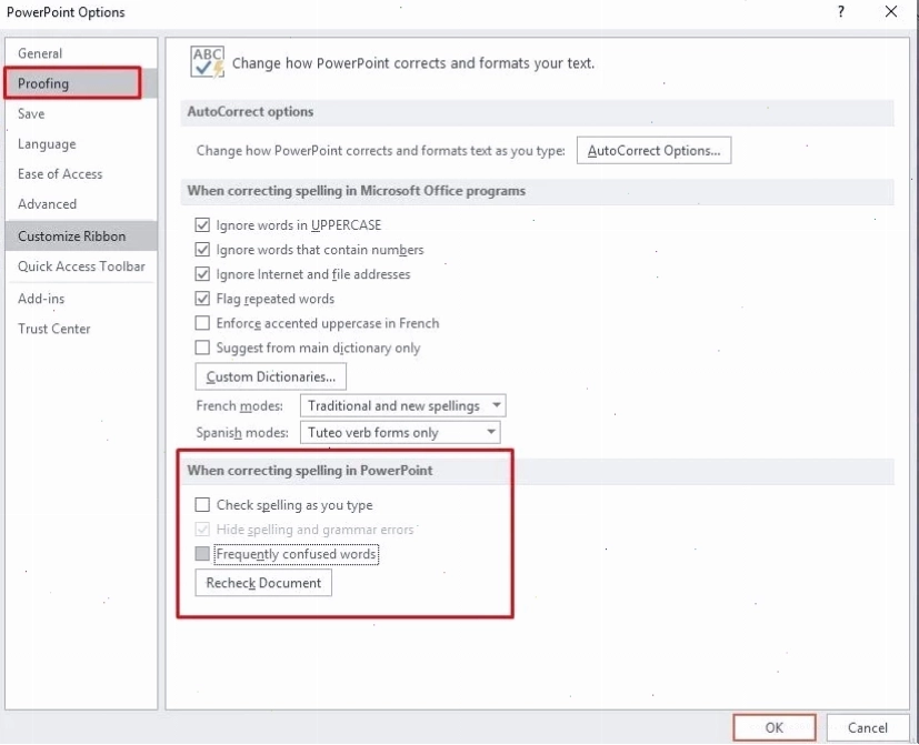 Tắt gạch chân đỏ trong Powerpoint 2010 bằng cách bỏ chọn các mục trong Proofing