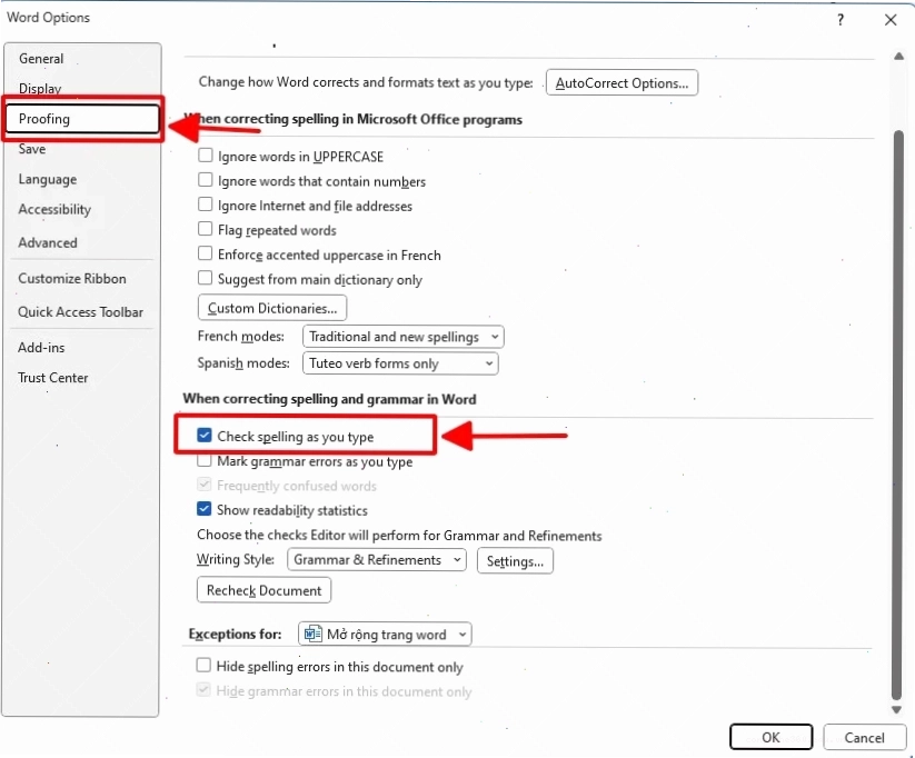 Tắt gạch chân đỏ trong PowerPoint qua cài đặt File Options