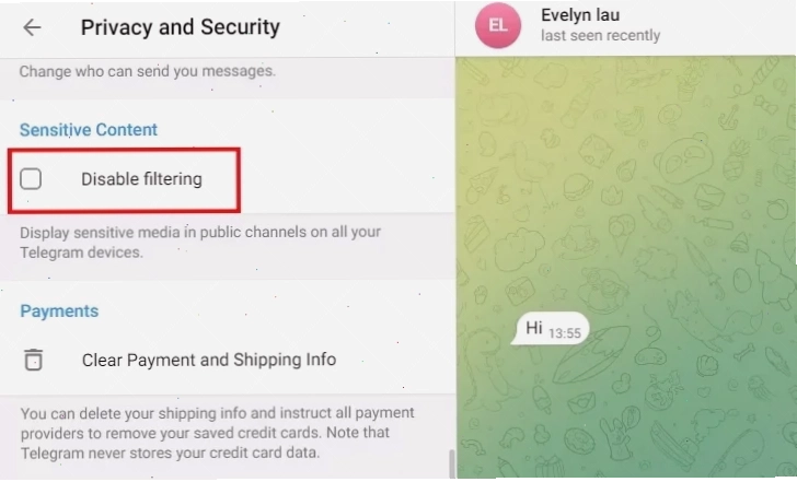Tắt lọc nội dung nhạy cảm trên Telegram