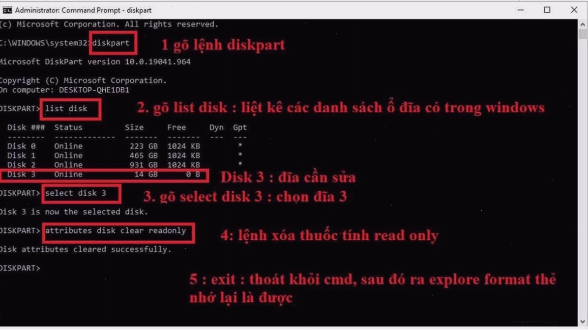 Thực hiện lệnh Diskpart để xóa thuộc tính Read Only của thẻ nhớ