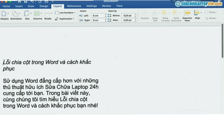 Văn bản được chia thành cột 1 và cách khắc phục
