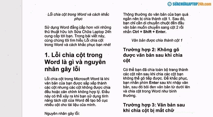 Văn bản sau khi chia cột bị mất chữ và cách xử lý